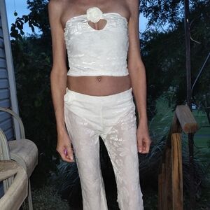 White Floral Lace Low-Rise Pants With Matching Crop Top And Floral Applique